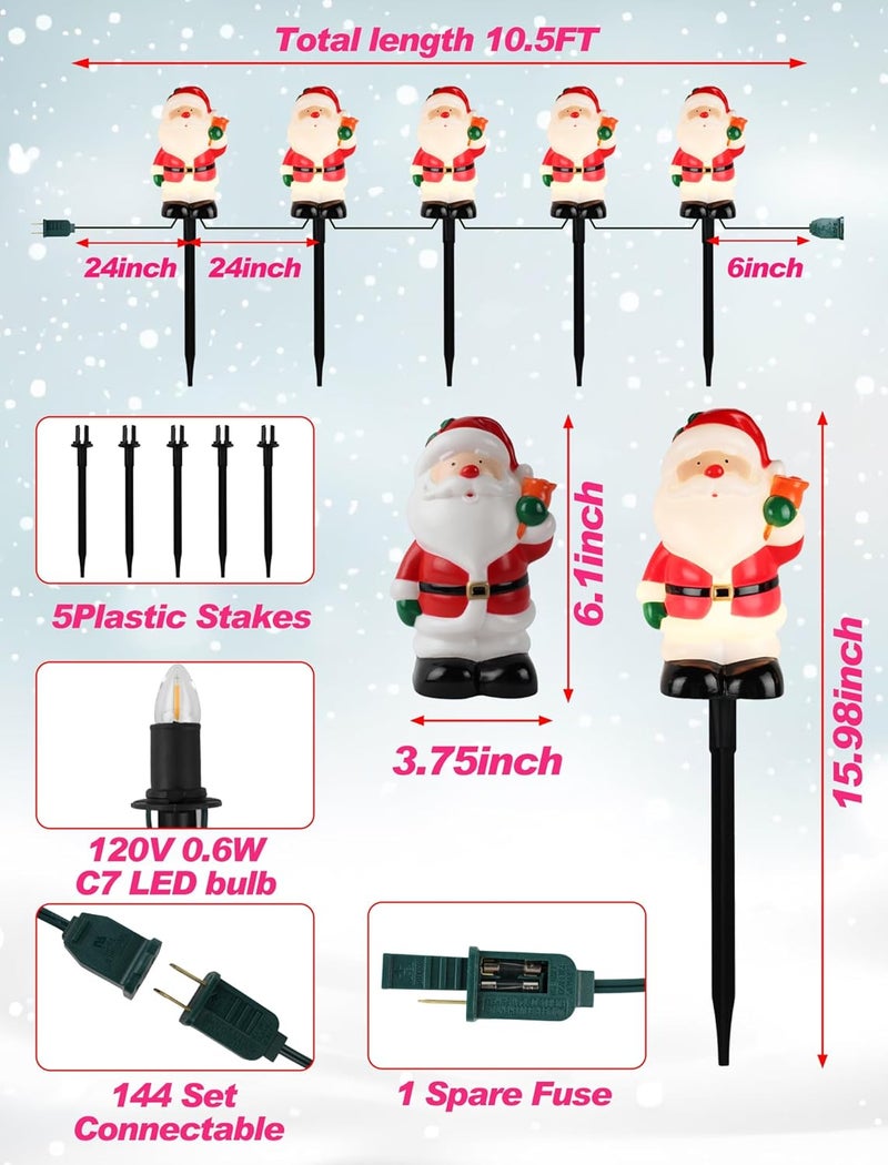 Adirxon 5-Pack Commercial-Grade Christmas Pathway Stakes - 15.98" Tall Santa Holding Bell Stake Lights with Heavy-Duty C7 LEDs, Waterproof for Pro-Level Yard Decor - Image 2